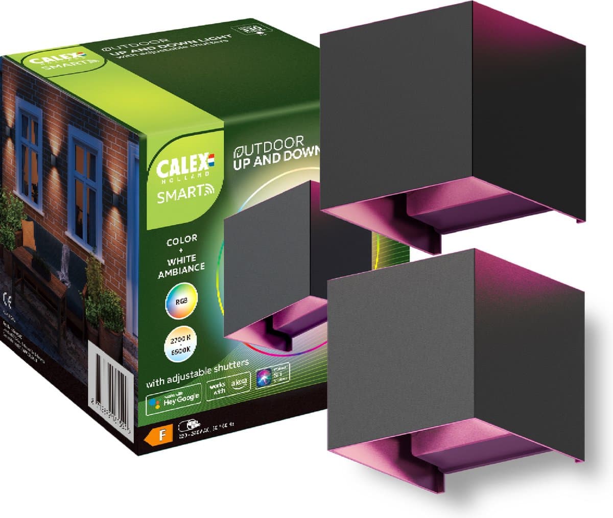 Calex Smart Outdoor Slimme LED Wandlamp - Set van 2 - RGB Up & Down Buitenlamp, bediening via app en stem - Binnen & Buiten - Kleuren en Warm Wit Licht