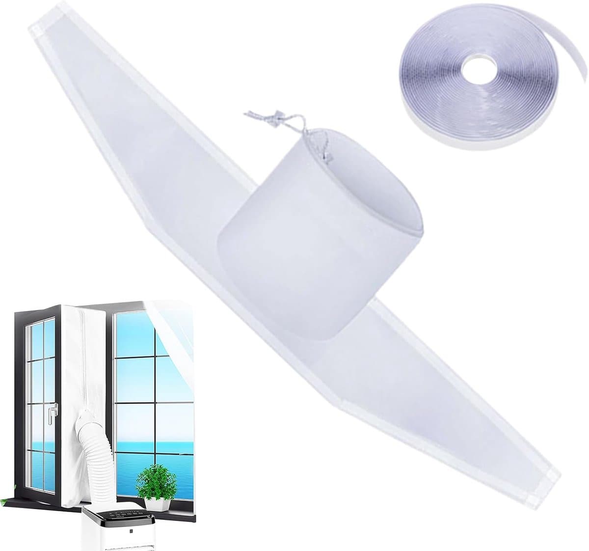 Raamafdichtingskit Mobiele Airco - 500x38cm - Airco Raamafdichtingskit - Verhoogt Koelprestaties Airco - Met Trekkoord - Raamafdichting - Airco Raamafdichting voor Afvoerslang - Raam en Deur - Met klittenband - Tegen Insecten - Flexibele - Universeel
