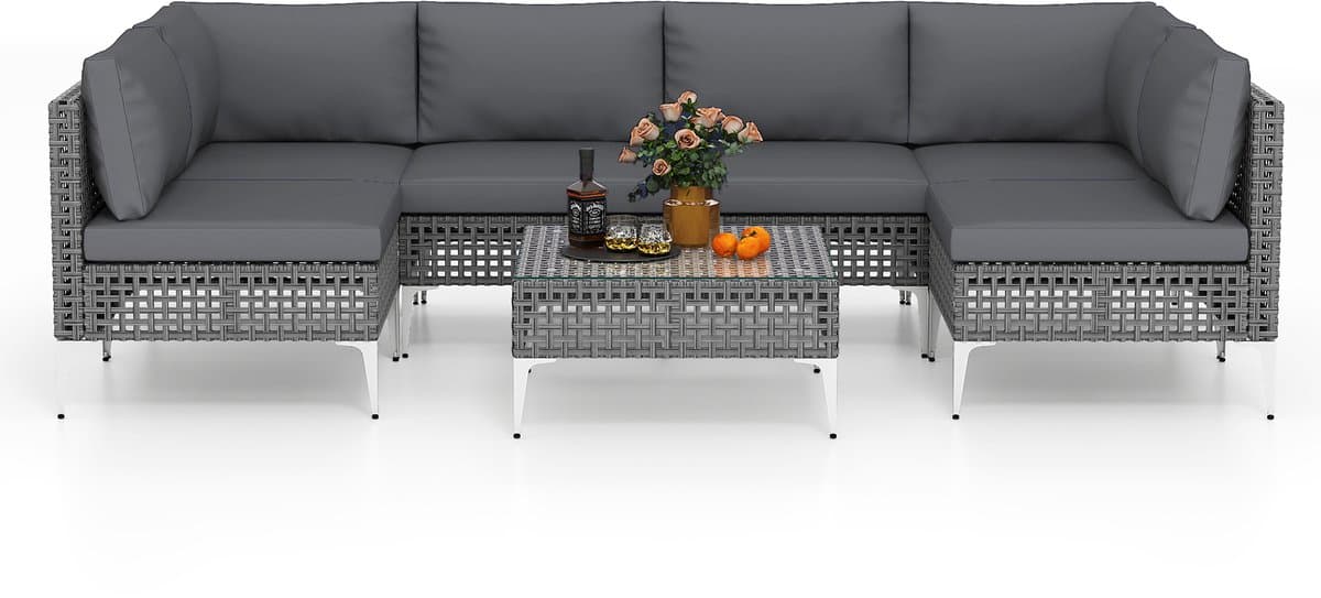 COSTWAY Loungemeubelen voor buiten, rotan tuinlounge met tafel en kussens, vrij te combineren, tuinmeubelset, balkonmeubels, terrasmeubels, zitgroep voor tuin, terras, balkon