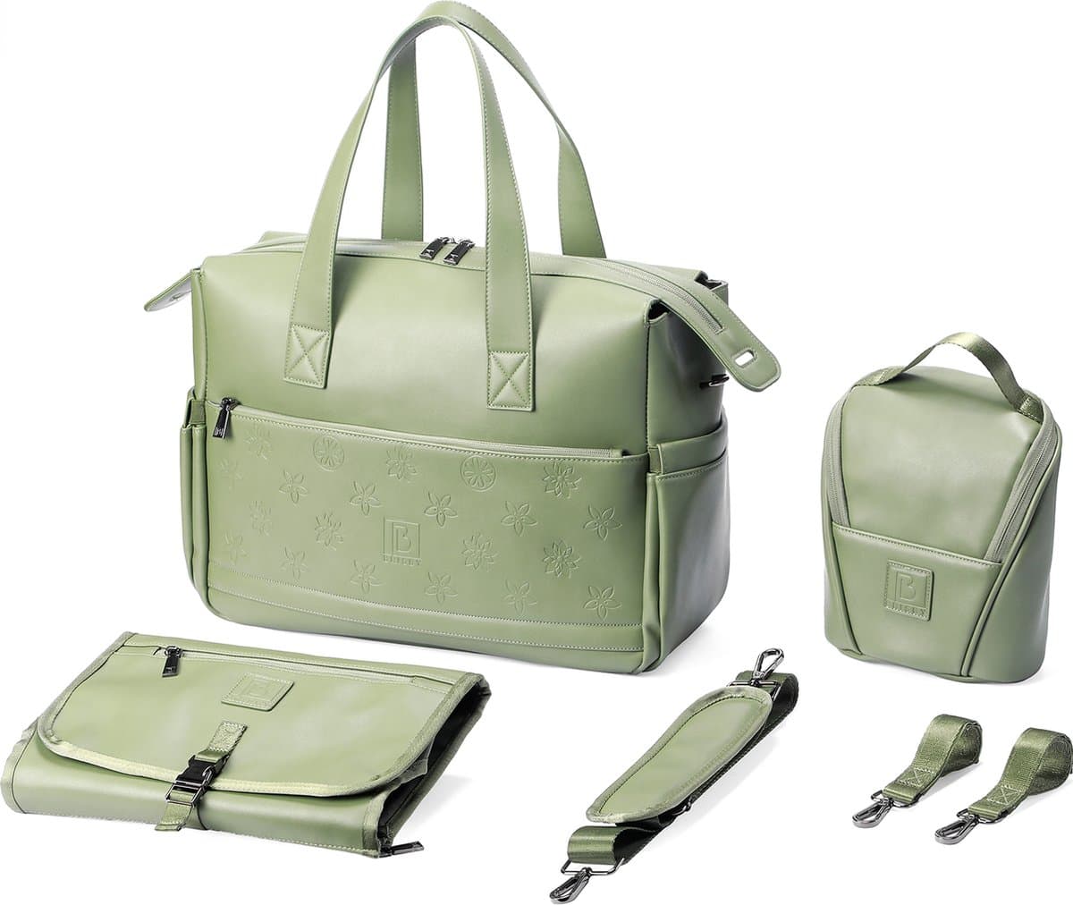 Brisby Slijtvaste Luiertas - Schoudertas - Weekendtas - incl. Buggy & Kinderwagen Haken - verschoonmatje en koeltas - PU Leer - Groen