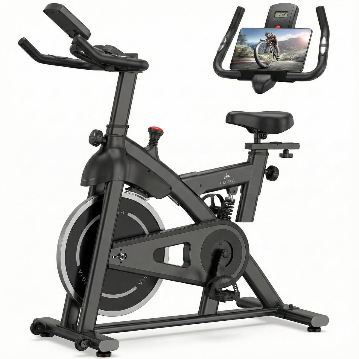 Lugia Hometrainer Pro – Fitnessfiets voor Lange Gebruikers – Premium Vering & Demping – Extra Soepel & Stil – Verstelbaar Zadel – 0-100% Weerstand