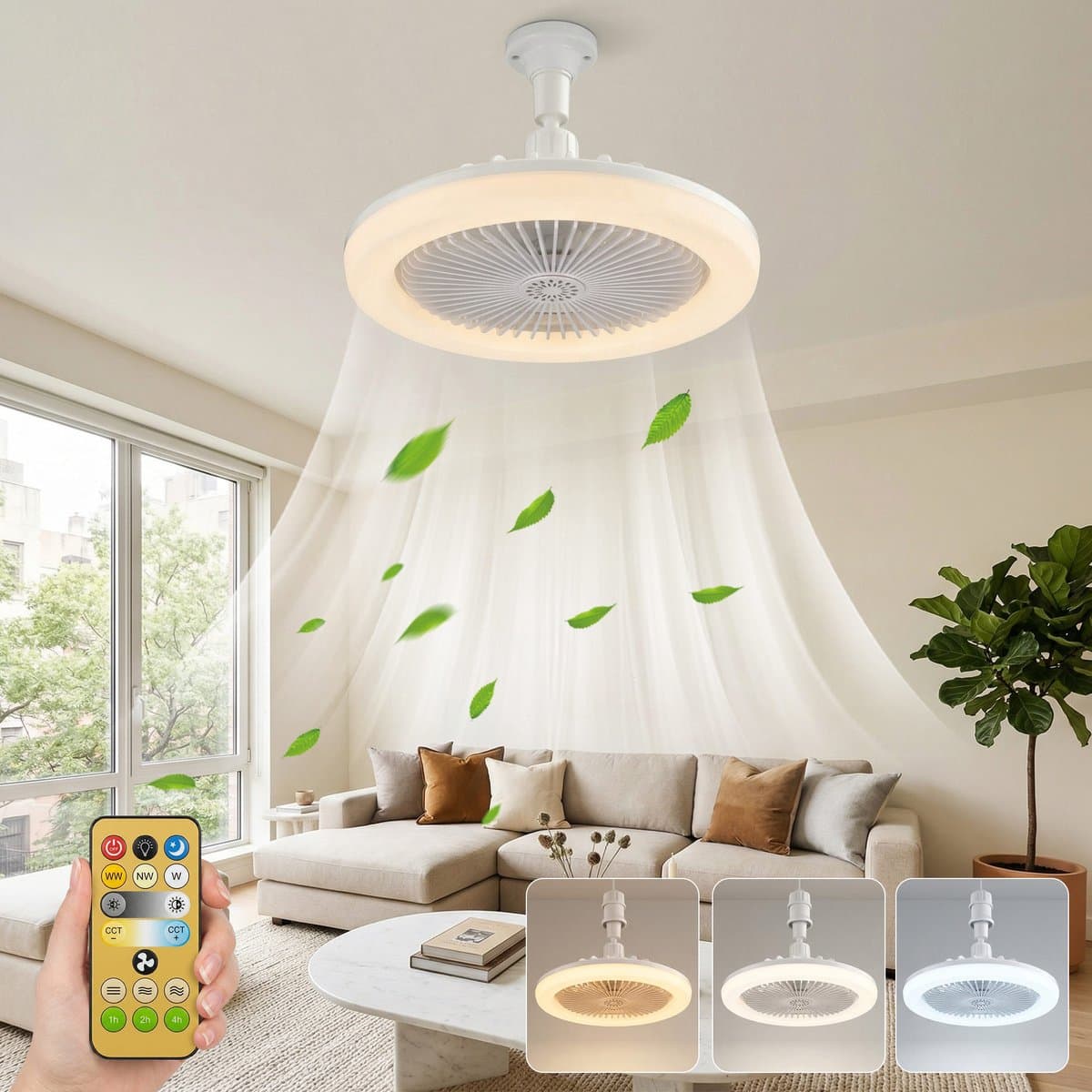 MUPOO Plafond ventilator met LED verlichting E27 Fitting met 360° Draaibaar-APP & Afstandsbediening - Plug & Play -3 Snelheden & Dimbaar - Mini Ventilatorlamp Ø 25cm- lamp ventilator plafond Voor Slaapkamer & Garage - wit