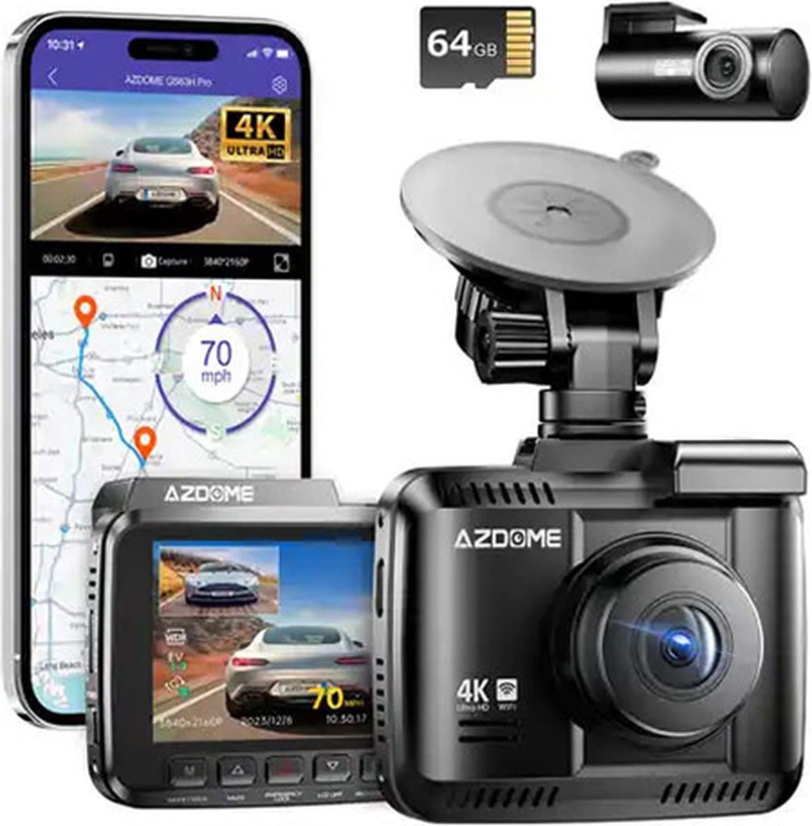 AZDome GS63H Pro 2CH dashcam voor auto - Voor en achter camera - Night vision - Loop recording - 4K resolutie - Wifi - Gps - Parkeermodus - 2.4 inch display - dashcam voor auto