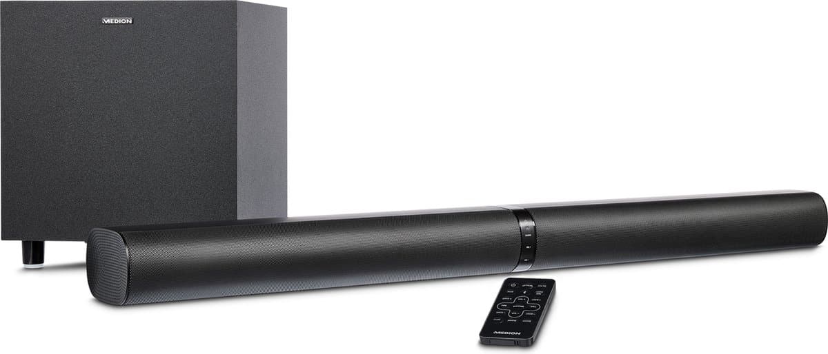 MEDION P64150 2in1 Convertible Bluetooth TV soundbar met draadloze subwoofer (2.1 soundbar, 2 x 30 watt, 60 watt subwoofer, wandmodel, HDMI ARC met ECC, AUX, optische ingang)