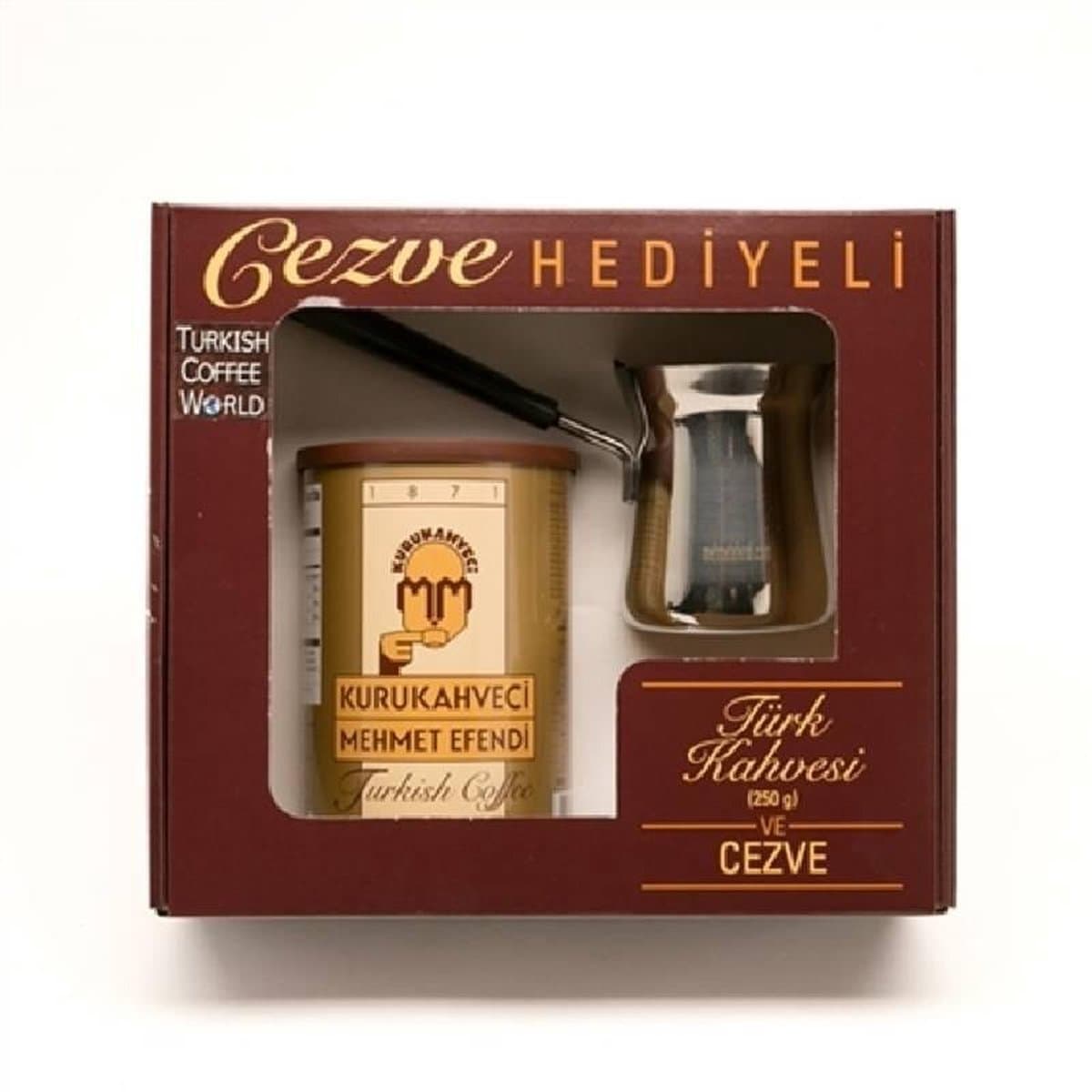 250 g Kurukahveci Mehmet Efendi Turkse Koffie + Cadeaupakket met Cezve - 250 gr Kurukahveci Mehmet Efendi Türk Kahvesi + Cezveli Hediye paketi - 250 g Kurukahveci Mehmet Efendi Turkish Coffee + Gift package with Cezve