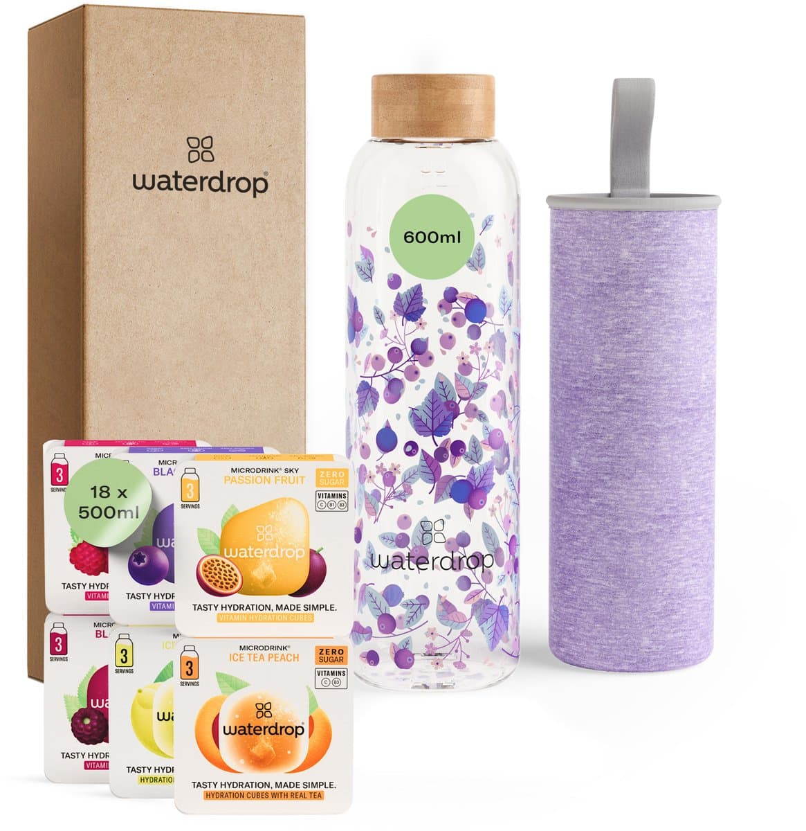 waterdrop® Starterset Glas - Boost Melange - Glazen Drinkfles 600ml + 18 Microdrink Bruistabletten – Herbruikbare Waterfles, Lekvrij, BPA-vrij, Ideaal voor Thuis, Werk, Sport, Reizen – Hydratatie Set, Cadeau Idee