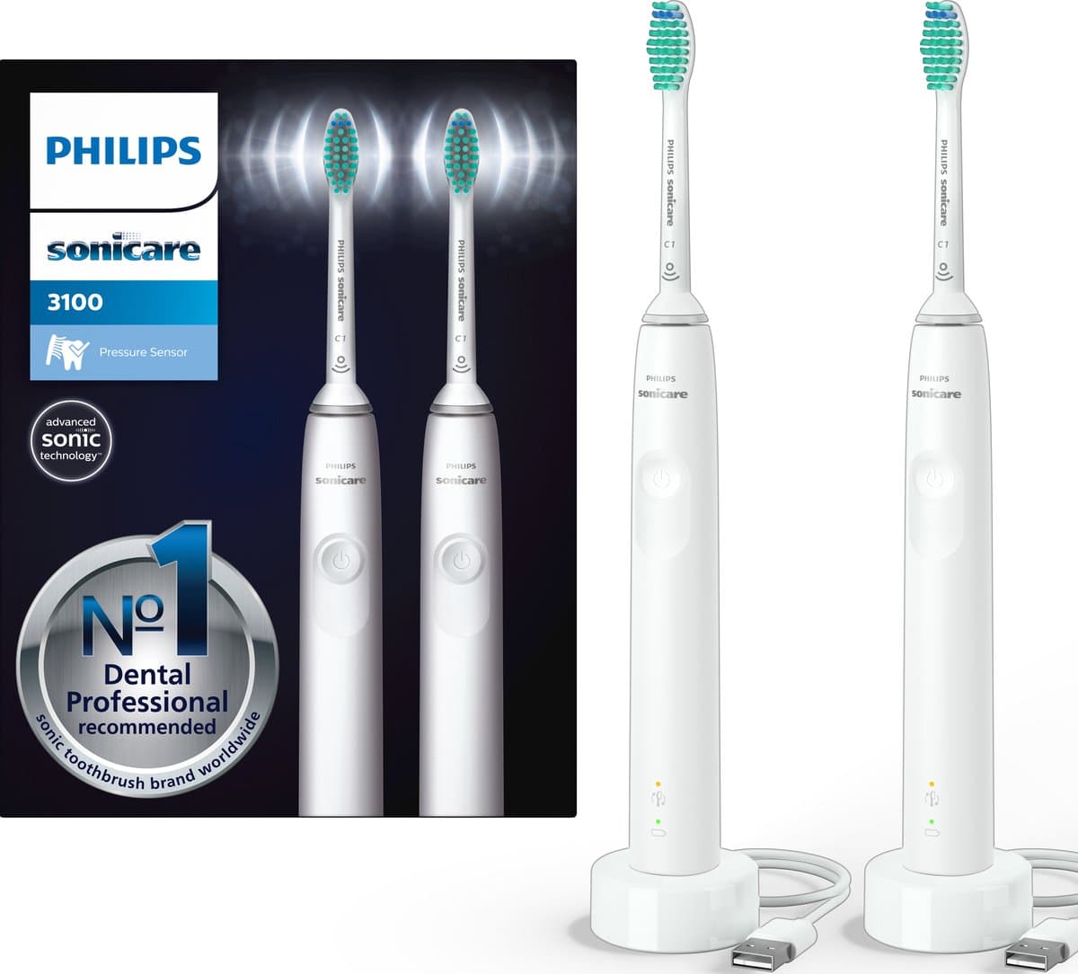 Philips Sonicare Series 3100 HX3675/13 - Elektrische tandenborstel - Wit - Duopack - afbeelding 1