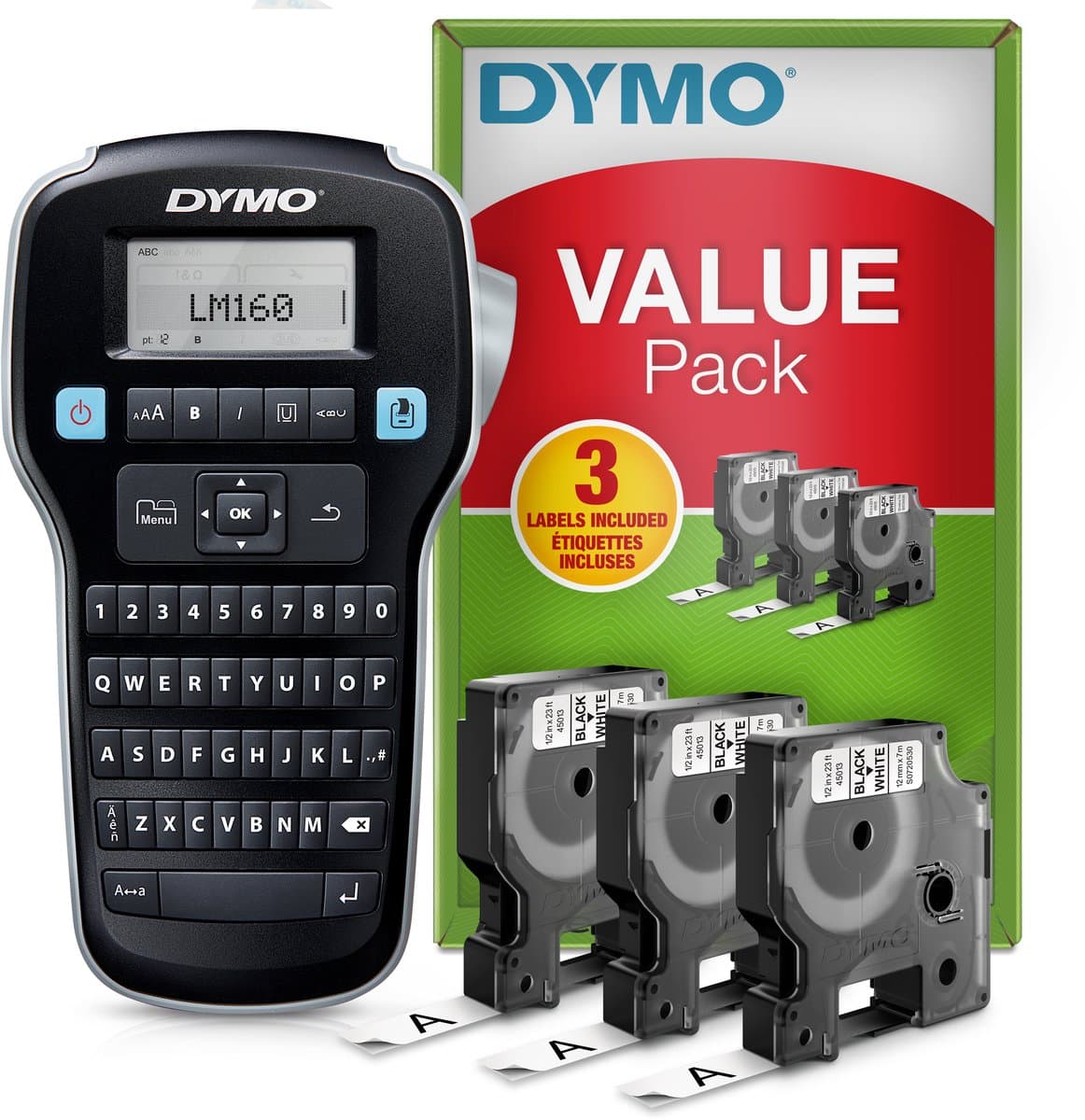 DYMO LabelManager 160 Labelprinter startpakket | Handheld Labelmaker-machine | met 3 rollen Dymo D1 labeltape QWERTY-toetsenbord | Ideaal voor kantoor of thuis