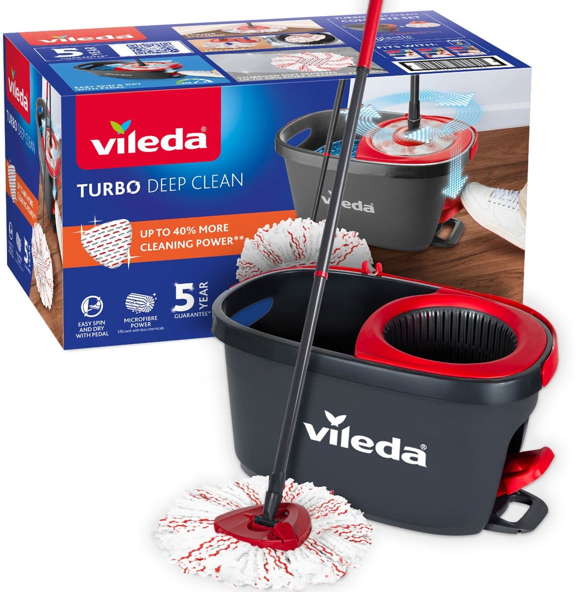 Vileda Turbo Deep Clean - complete roterende mopset met emmer met pedaalpers - Telescopische steel 65–131 cm – Krachtige microvezelmop