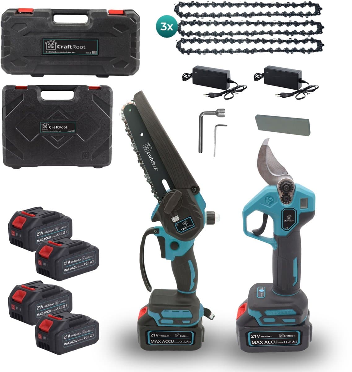 CraftRoot Elektrische Mini Kettingzaag en Elektrische Snoeischaar Combi Set- Draadloze Handkettingzaag en Professionele Takkenschaar met Opbergkoffers en 4X 4.0Ah Accu’s - afbeelding 1