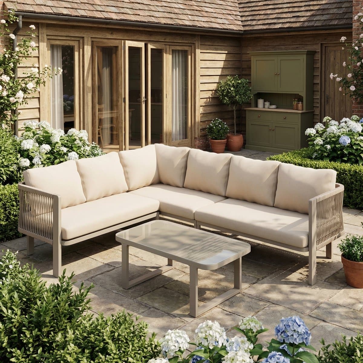 Gutent Hoek Loungesets - 6 Personen - Verzinkt Staal - Glazen Tafelblad - Teslin Touw - Incl Eettafel Bank Stoelen - Khaki