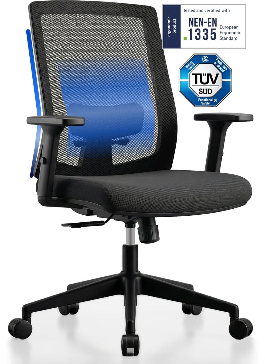 Backerz Ergonomische Bureaustoel - Bureaustoelen voor Volwassenen tot 140kg - Low Back Office Chair - NEN-EN1335 - Zwart