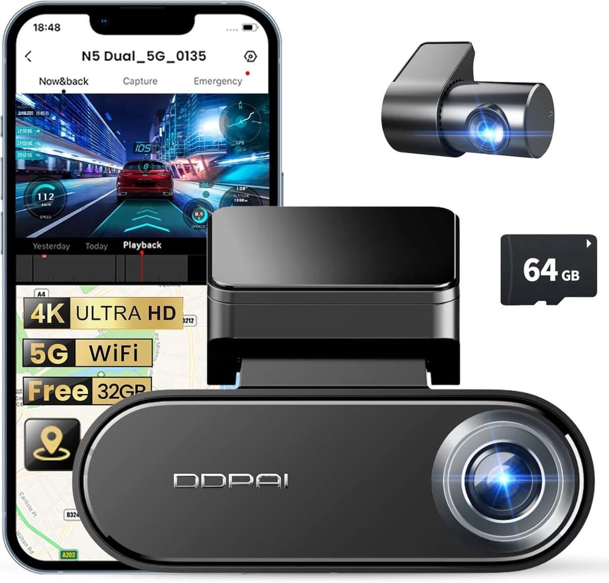 Dashcam Auto met 4K Camera Voor en Achter met 64GB SD Kaart - GPS - Dual Dashcam - DDPAI N5 - afbeelding 1