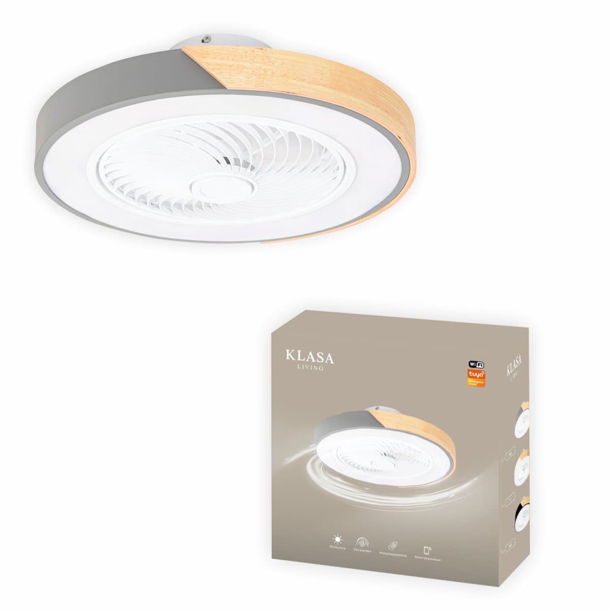 Slimme Plafondventilator - Grijs + Hout - Ø 52 cm - Stille Motor - Handige App - Dimfunctie - Plafond Ventilator met Verlichting - Plafondlamp met Ventilator