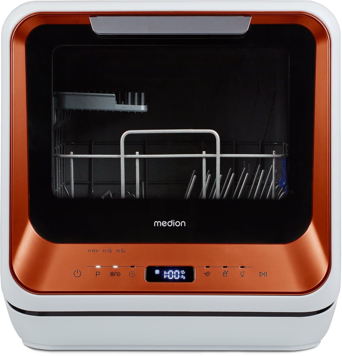 MEDION Mini vaatwasser DWT20 (tafelvaatwasser, 2 couverts, werkt met/zonder wateraansluiting, 6 programma’s, babyflessen, starttijdkeuze, vrijstaand), brons