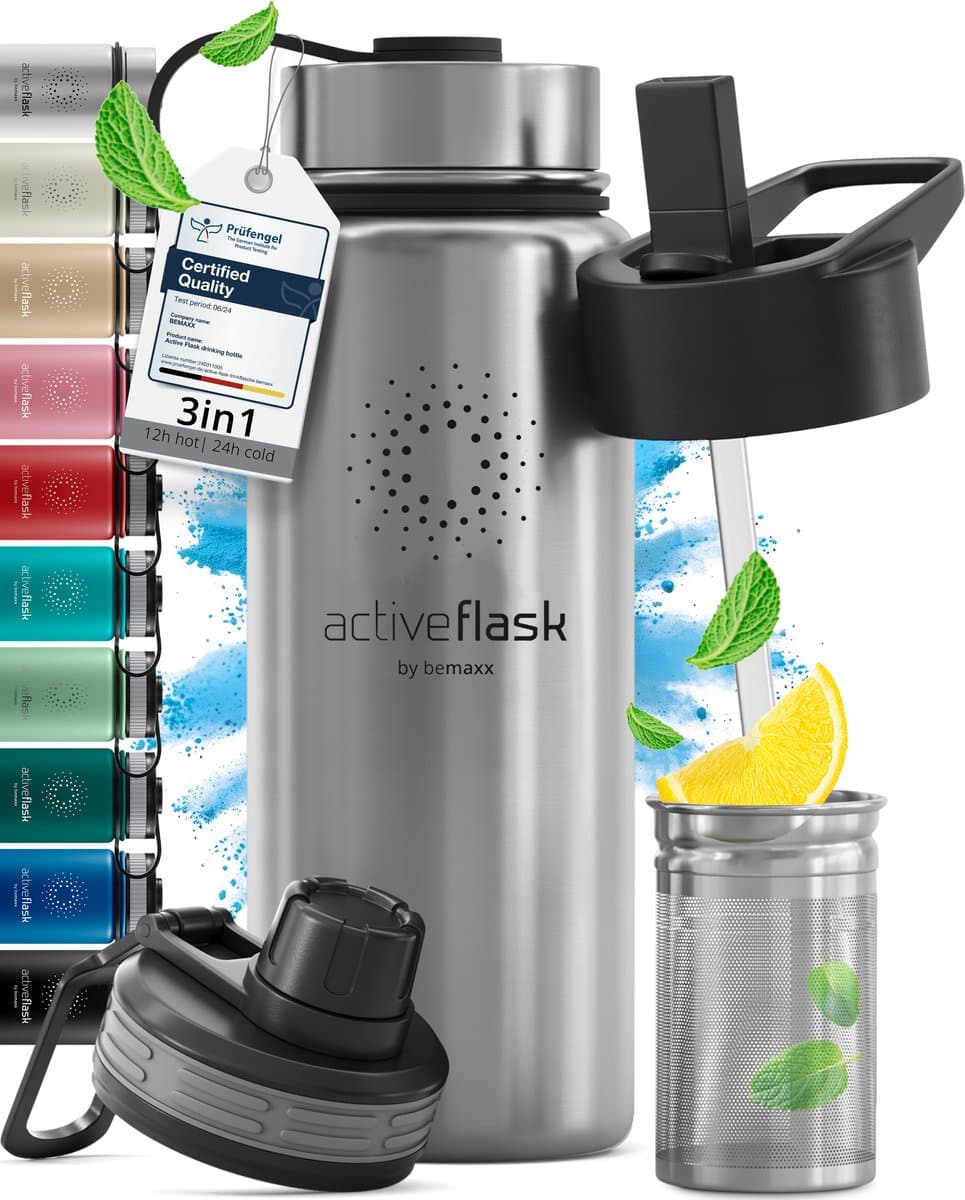 bemaxx Drinkfles met Rietje RVS Thermosfles ACTIVE FLASK (3 Drinkdoppen met Infuser), Volwassenen Kinderen, BPA-Vrij + Lekvrij | 1 Liter/500 ml Isoleerfles, Vacuüm Waterfles Sport Fitness Fietsen Water Fles Waterbidon Sportbidon