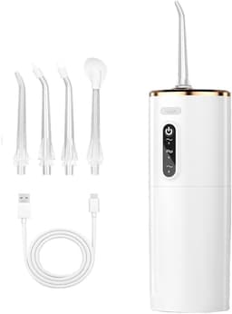 Productfoto van Waterflosser, Draadloze Monddouche met 280 ml Waterreservoir, 3 Reinigingsstanden en 5 Opzetstukken, Elektrische Mondirrigator, Draagbaar voor Thuis en Reizen, Wit