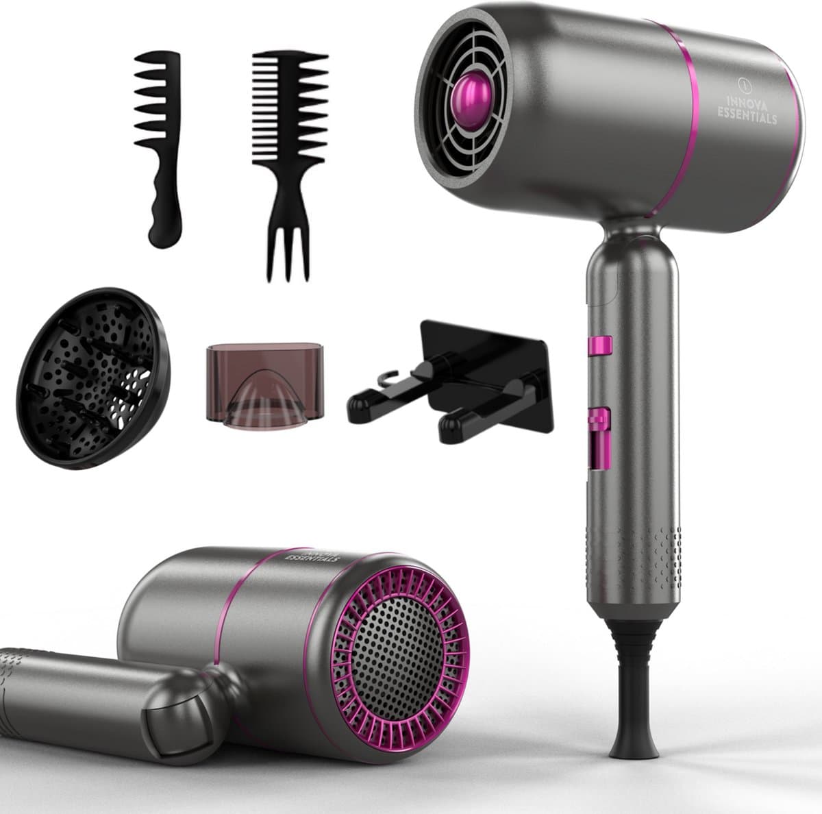 Innova® - Föhn met diffuser 2000W - Ionische Haardroger - Inklapbaar - Inclusief 3 opzetstukken - Coolshot Technologie - 3 standen - Met Ophangbeugel