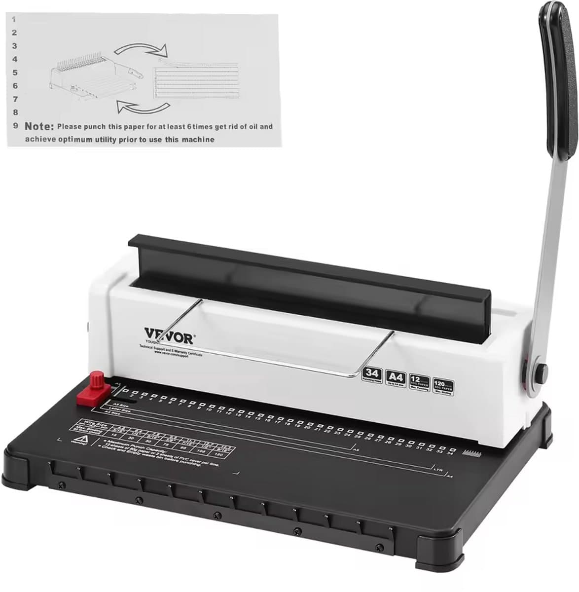 Aafinity handmatige spiraalbindmachine - 34-gaats boekbinder met perforator voor 12 vellen en een bindcapaciteit van 120 vellen - Verstelbare rug voor kantoor en school