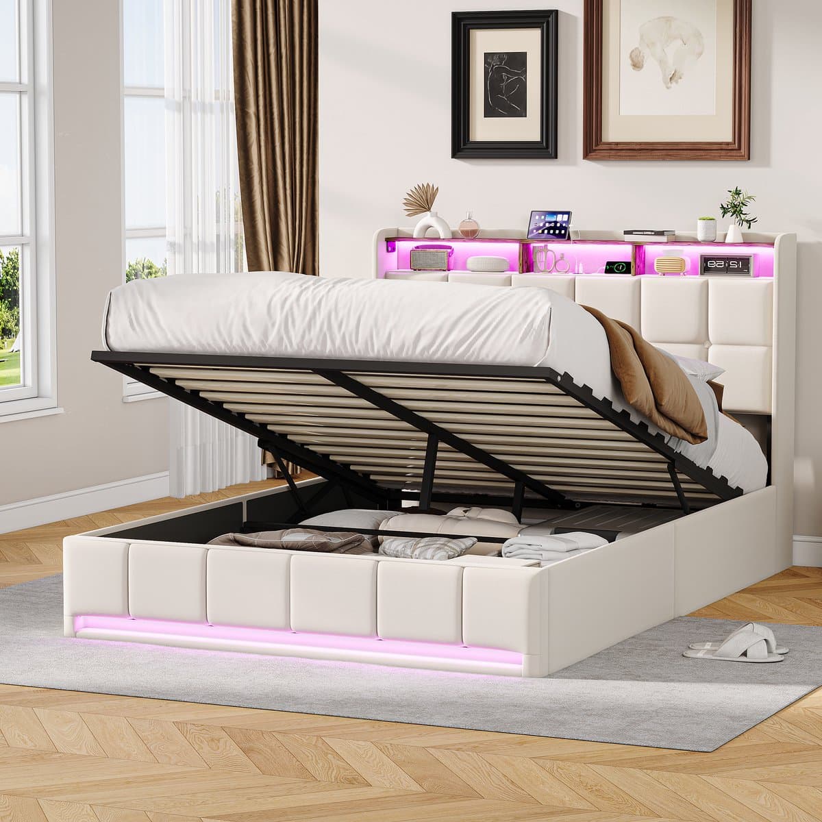 Opbergbed 160x200 cm Beige – Gestoffeerd Tweepersoonsbed met Gasveer, LED Hoofd- en Voetbord, USB/Type-C Oplaadpoort – Linnen Bedframe