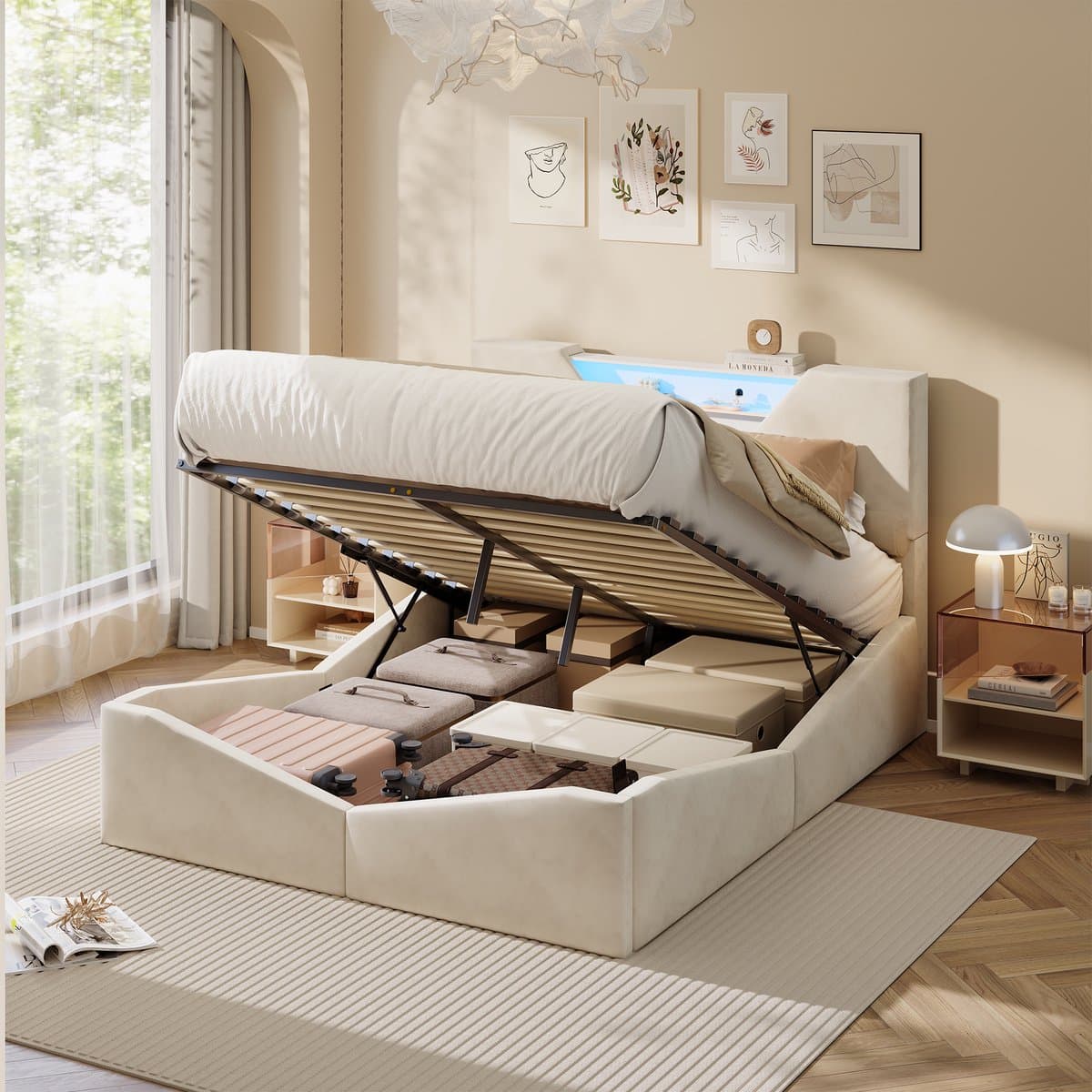 Gestoffeerd Bedframe 160x200 cm met Opbergruimte en LED - Fluweel Crèmekleurig incl. Lattenbodem