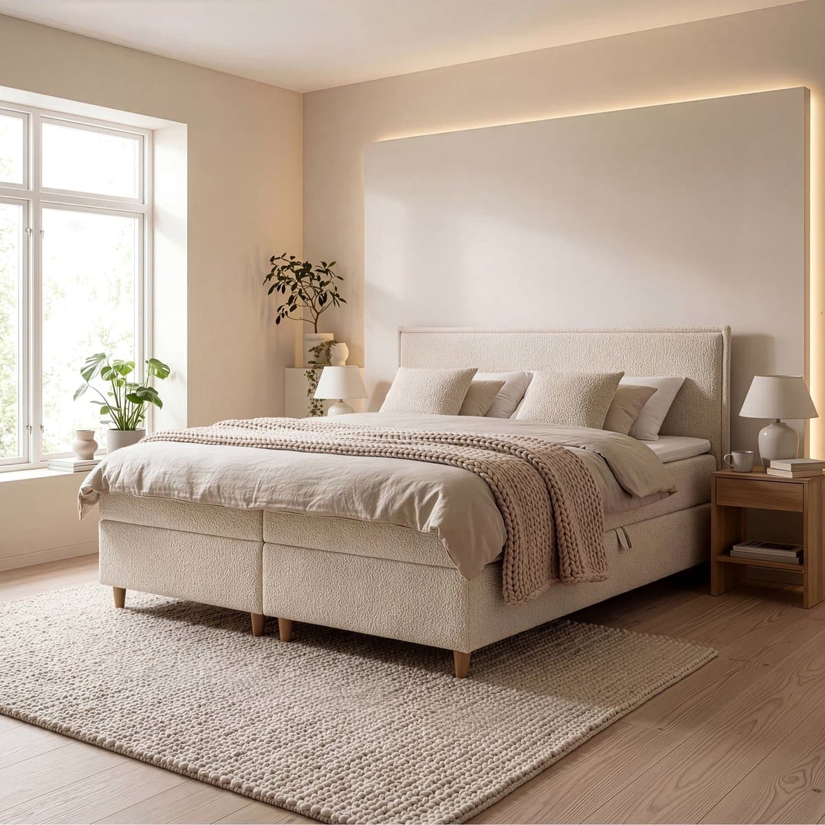 Meubella - Saku - Boxspring met opbergruimte - Stof beige - 180x200 cm
