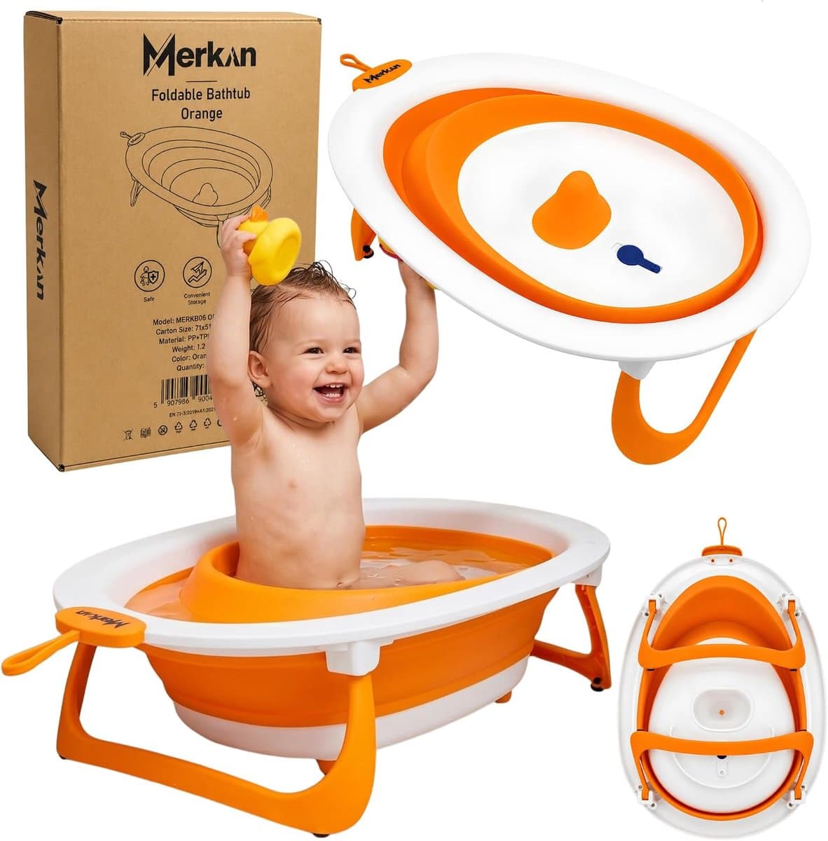 Opvouwbare babybadkuip - Baby badje - Veilig badderen - Met temperatuurindicator - 72 x 50 x 19 cm - Oranje-Wit