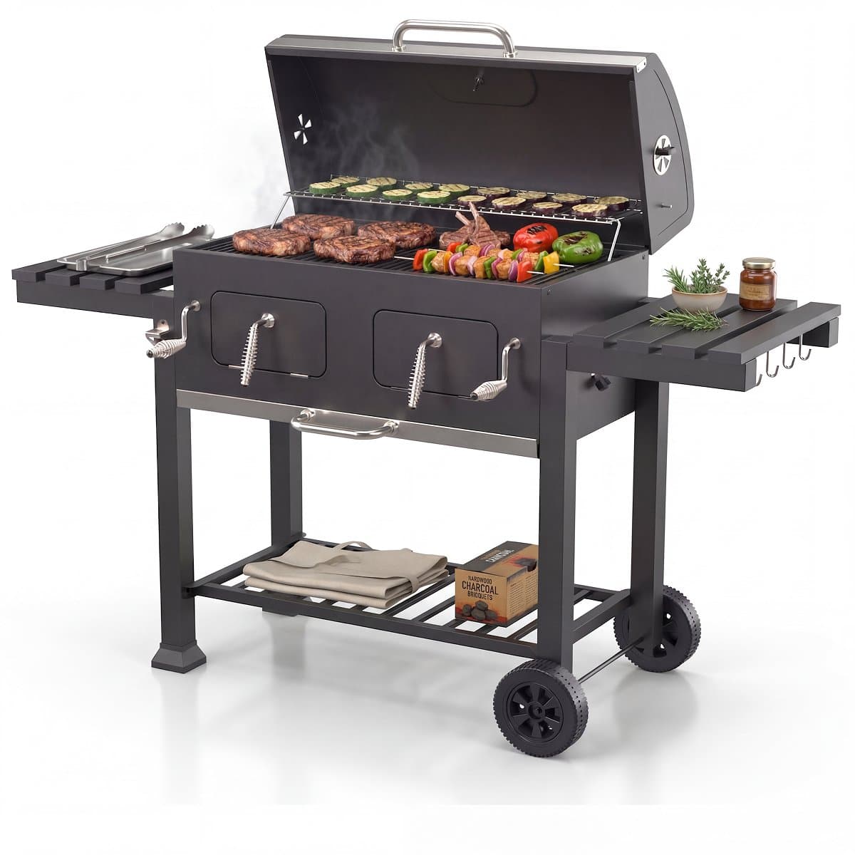 KitchenBrothers Houtskool BBQ XL - Dual Zone Smoker Barbecue - Met Verstelbare Kolenroosters & Inklapbare Zijtafels - PFAS-vrij - 42,3x75,8cm Grilloppervlak - Vaderdag Cadeau - Zwart
