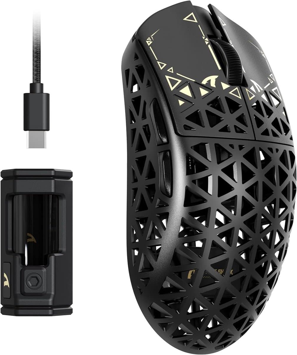 ATTACK SHARK R5 Ultra - Gamingmuis - Koolstofvezel Behuizing - 39g Ultralicht - HyperSpeed Draadloos - 2.4G / Bluetooth / USB-C Bedraad - PAW3950MAX Sensor - 8000Hz Pollingsnelheid - 42.000 DPI - Windows & Mac - Zwart