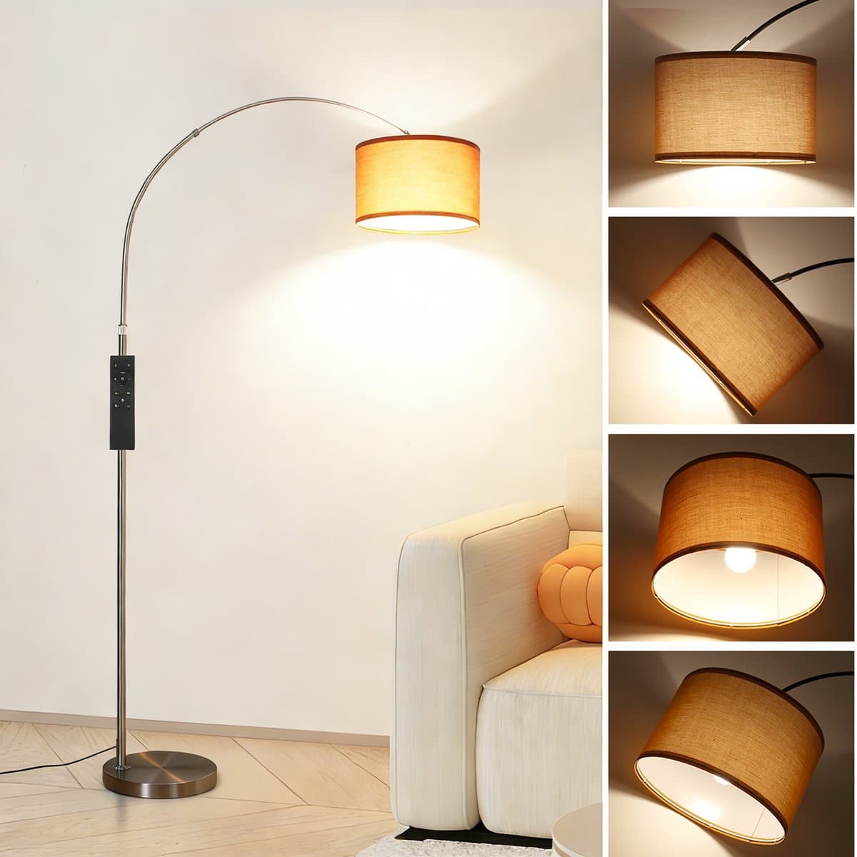 ANTENLICHT Moderne Vloerlamp Chroom - Staande Lamp Met Bruin Kap - 1 lichts 9W 3000K-6000K 860LM - H 165 -180cm - Naturel - Woonkamer - Slaapkamer - Met Afstandsbediening & Voetschakelaar