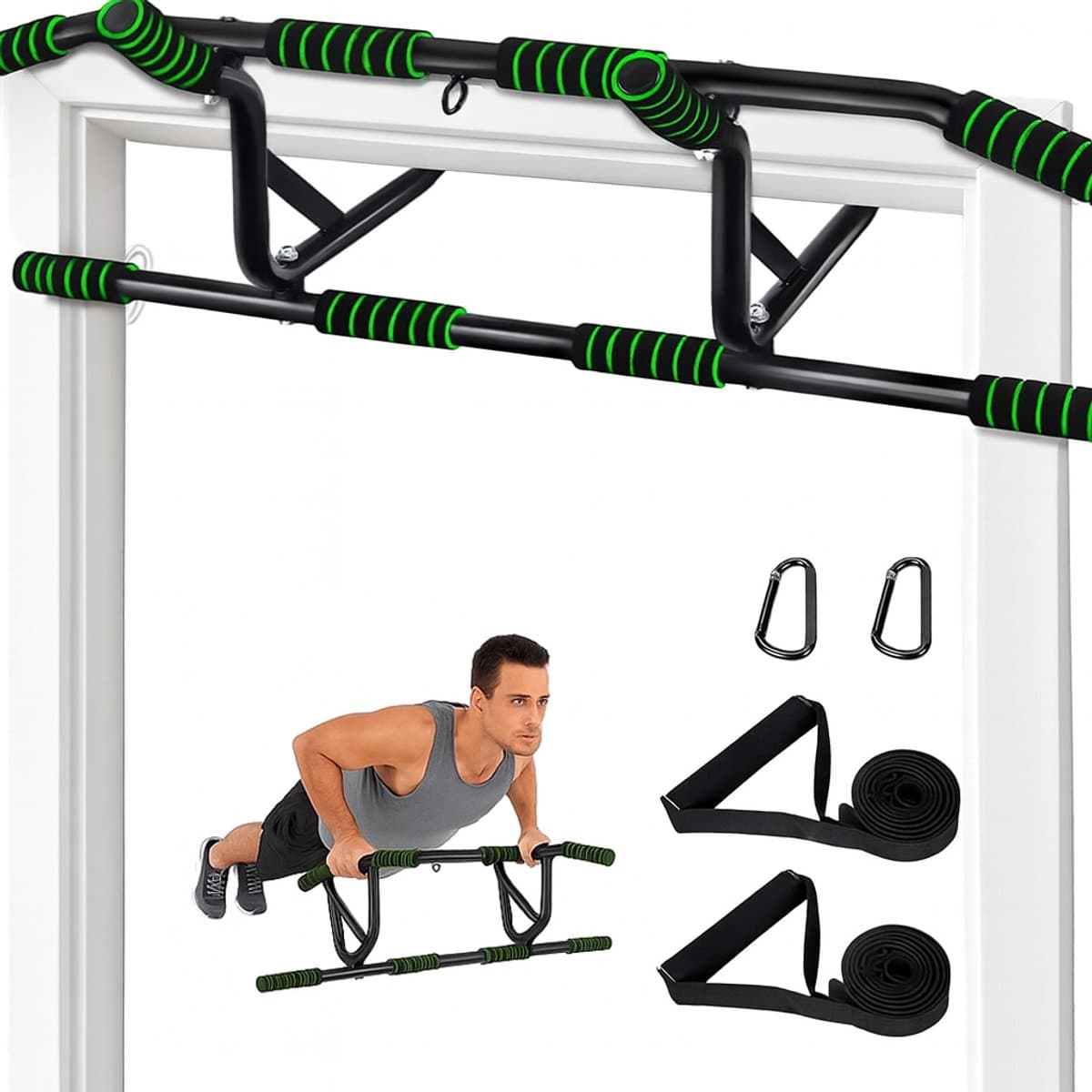 NETTLIFE Pull Up Bar - Pull-upstang voor deurkozijn - 140kg Draagkracht - met gewatteerde antisliphandgrepen - Optrekstang Wandmontage - Trainingsapparaat voor deurkozijn 80-90 cm - Pull Up Station voor Thuis Sporten - Thuis Fitness - groen