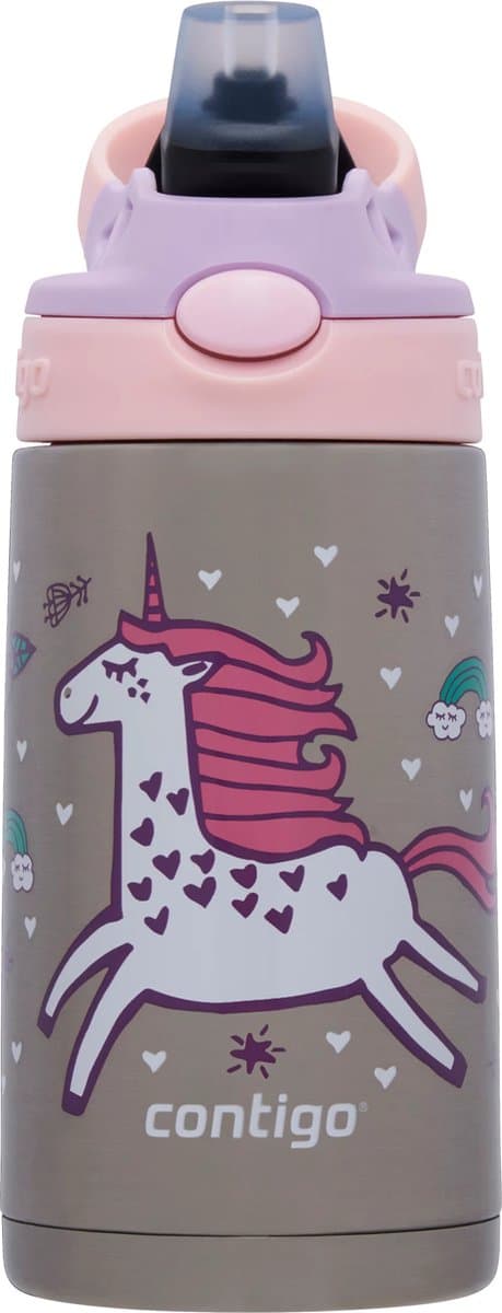 Contigo Easy Clean Autospout thermosfles met rietje voor kinderen, BPA-vrije roestvrij stalen waterfles, 100% lekvrij, makkelijk te reinigen, ideaal voor dagverblijf, school en sport, 380 ml | Flying Unicorn
