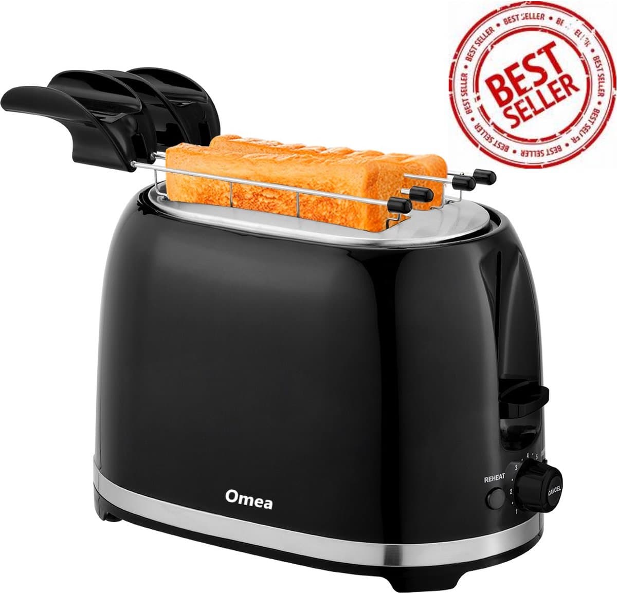 Omea Broodrooster Zwart - Broodrooster met Tostiklemmen - Retro - Extra Brede Sleuven - 7 Warmteniveaus - 850W