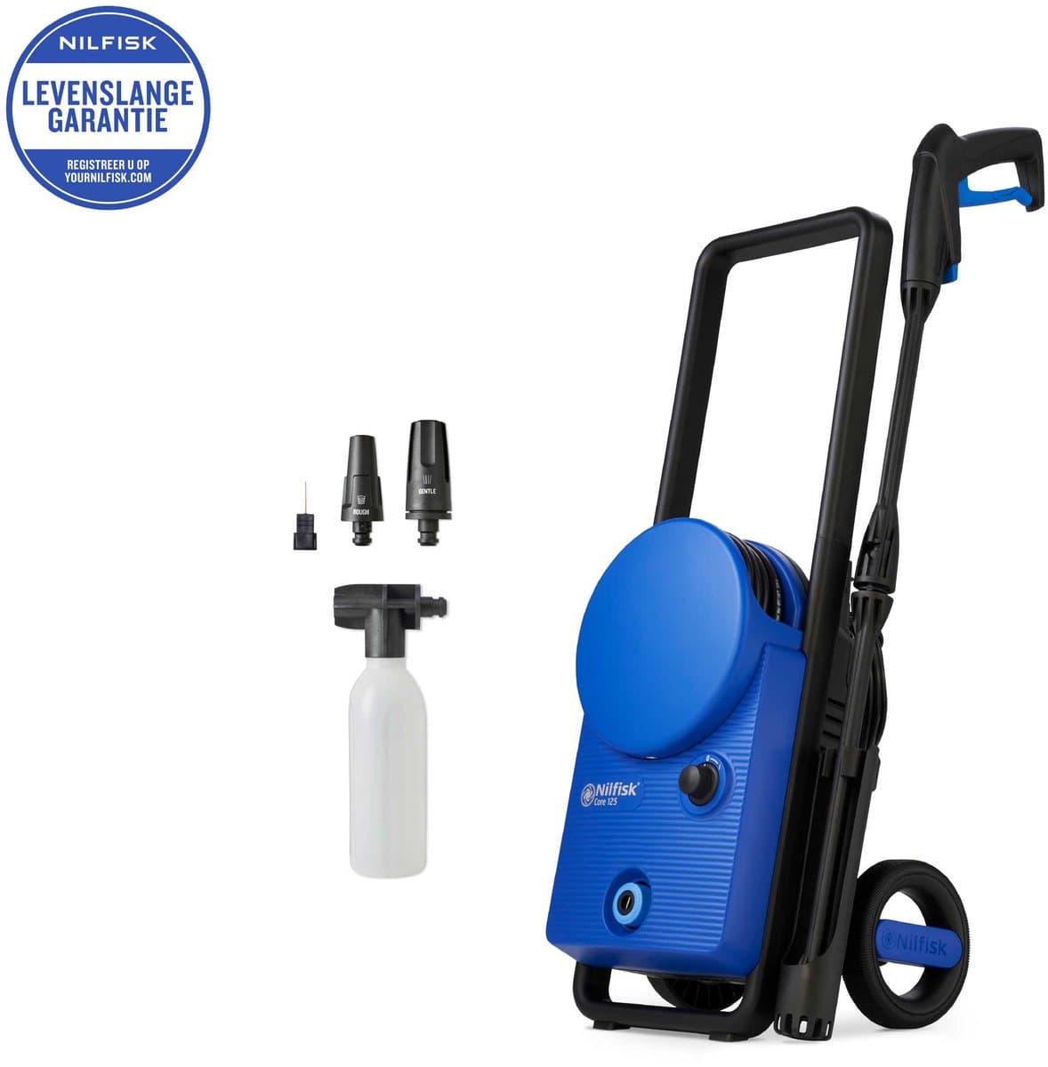 Nilfisk Core 125 – Compacte hogedrukreiniger met 125 bar, metalen pomp, Click&Clean-systeem, terrasreiniger en transportwagen