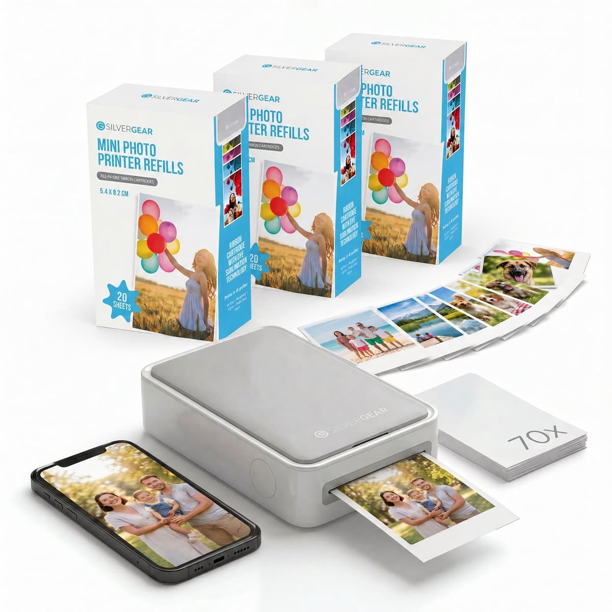 Mobiele Fotoprinter Combideal met 70 Fotovellen - Mini Printer Incl. Fotopapier - Draagbaar Printer met Navullingen - Formaat van 54x80 mm Refill - Portable Photo Printer Phone - Pocket Thermal Printer - Kleine Draadloze Foto Afdrukker - Silvergear