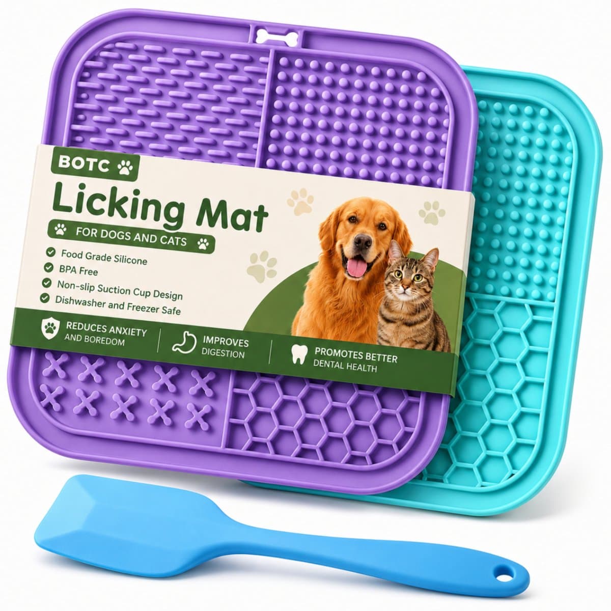 BOTC Likmat Hond met Silicone spatulas - 3-Delig Likmat Voermat Hond - voermat - Slowfeeder Hond - Paars /Blauw