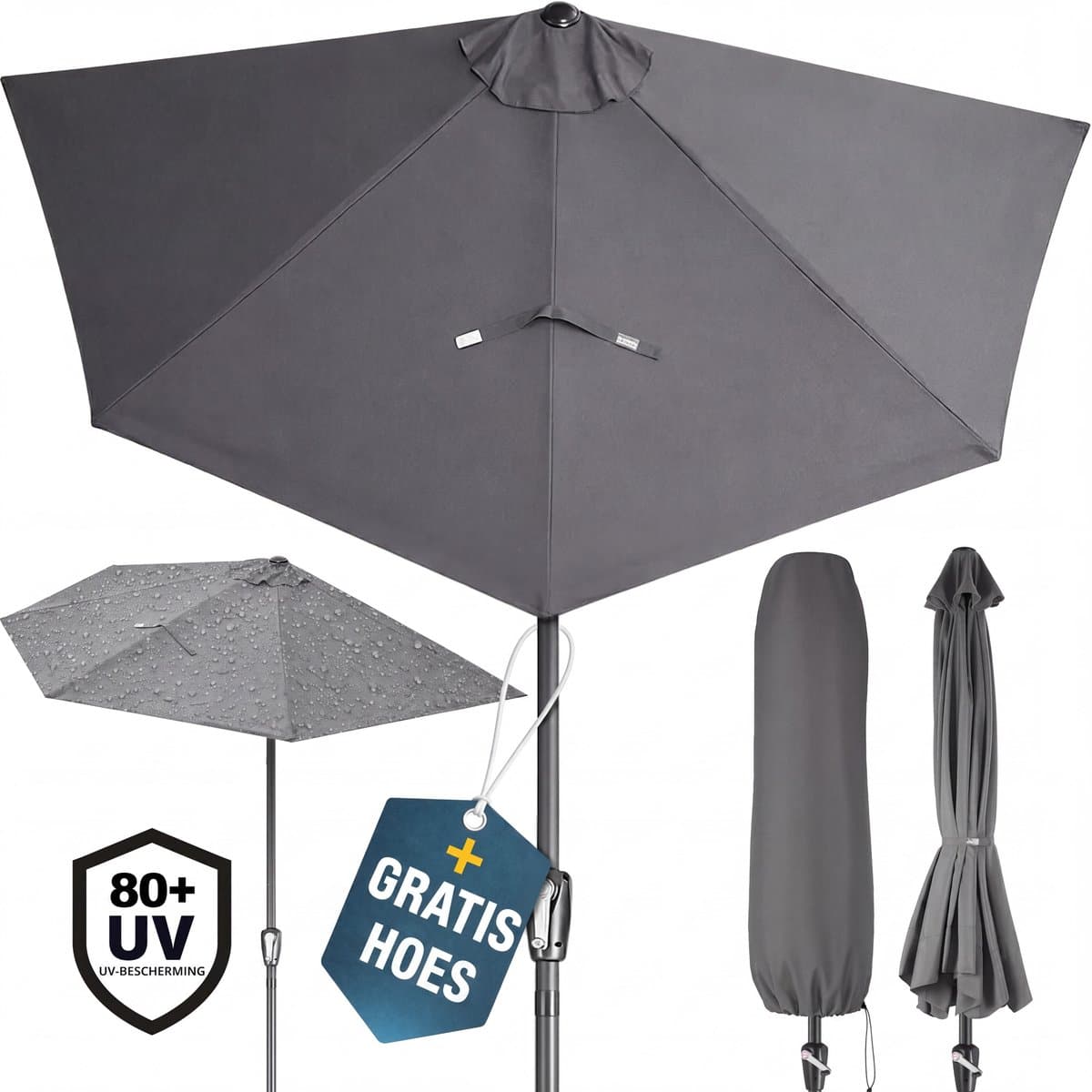 Kingsleeve Halfronde Balkonparasol – 270 cm UV50+ Antraciet
