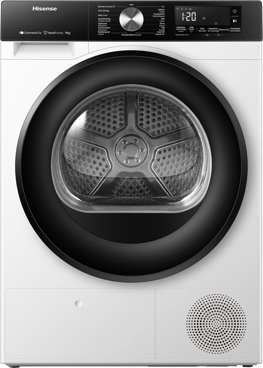 Hisense DH3S902BWCC - Condensdroger - 9 kg - Vrijstaand - Voorbelading - Warmtepomp - Wit - Draaiknop - TouchControl - 63 dB(A) - Ion Refresh - Allergy Care - Auto Dry
