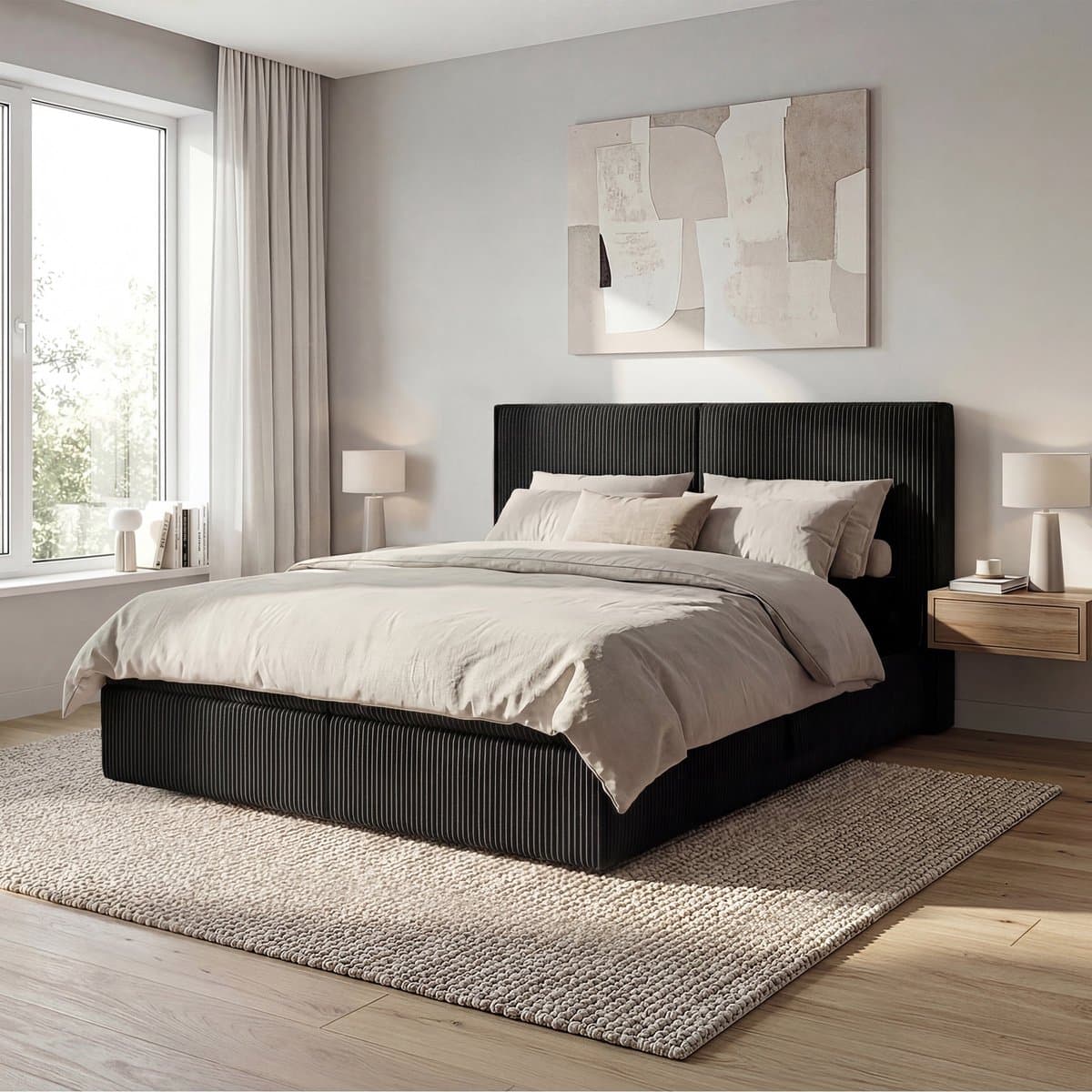 Meubella - Iro - Boxspring met opbergruimte - Ribstof zwart 180x200 cm