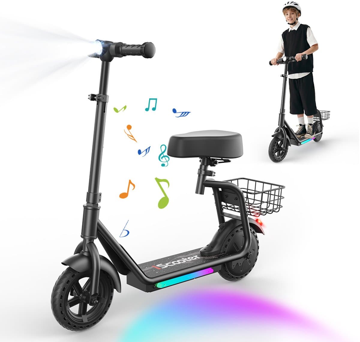 iScooter iK7 Elektrische Step Kinderen - 2‑in‑1 - 8 tot 14 jaar - App - Bluetooth muziek - RGB verlichting - 250W - 10/15/20 km/u - Bereik 15 km - 8,5" Wielen - Zwart