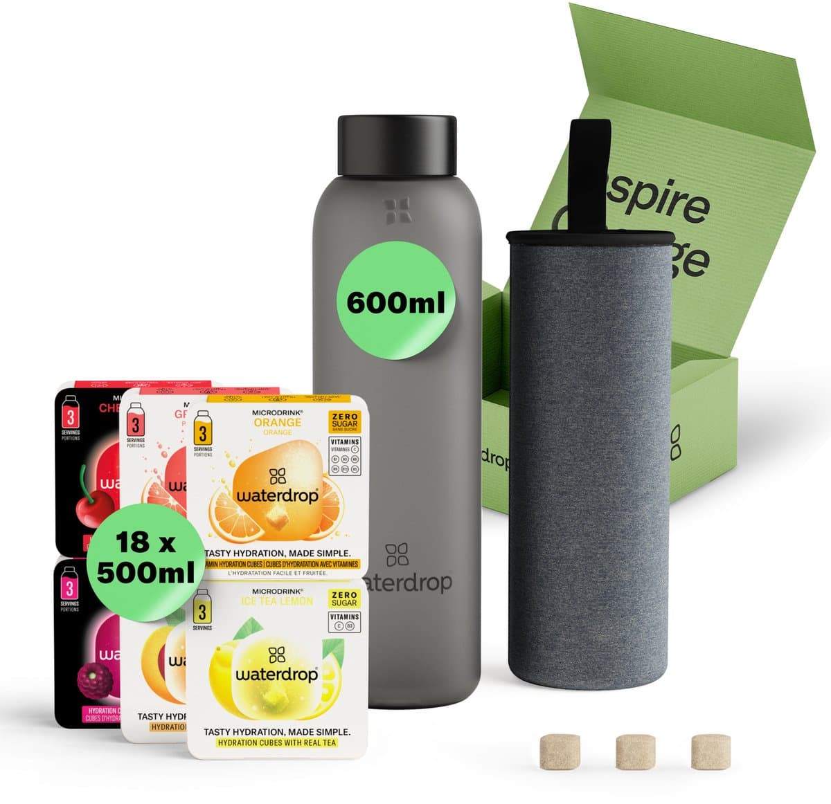 waterdrop® Starterset Glas - Black Frosted - Glazen Drinkfles 600ml + 18 Microdrink Bruistabletten – Herbruikbare Waterfles, Lekvrij, BPA-vrij, Ideaal voor Thuis, Werk, Sport, Reizen – Hydratatie Set, Cadeau Idee
