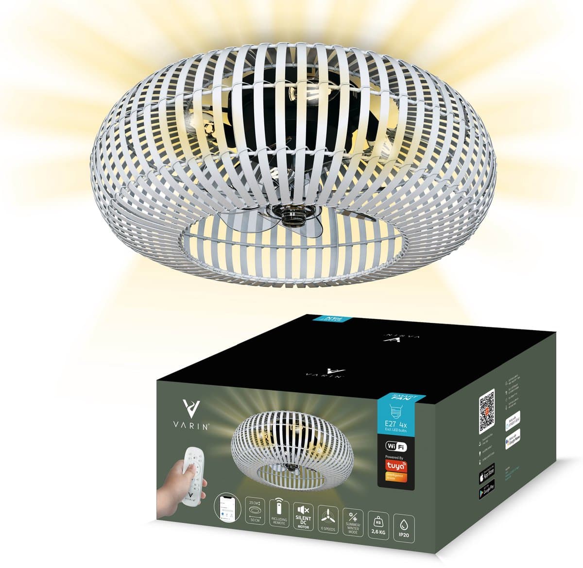 Varin® Smart Plafondlamp met ventilator - Bamboe Wit - Tuya Wifi - Ø 50cm - Plafondventilator met verlichting - Smart lamp slaapkamer - Plafonniere kinderkamer - Plafondlampen industrieel - Plafond lamp - Afstandsbediening - Plafond met ventilator
