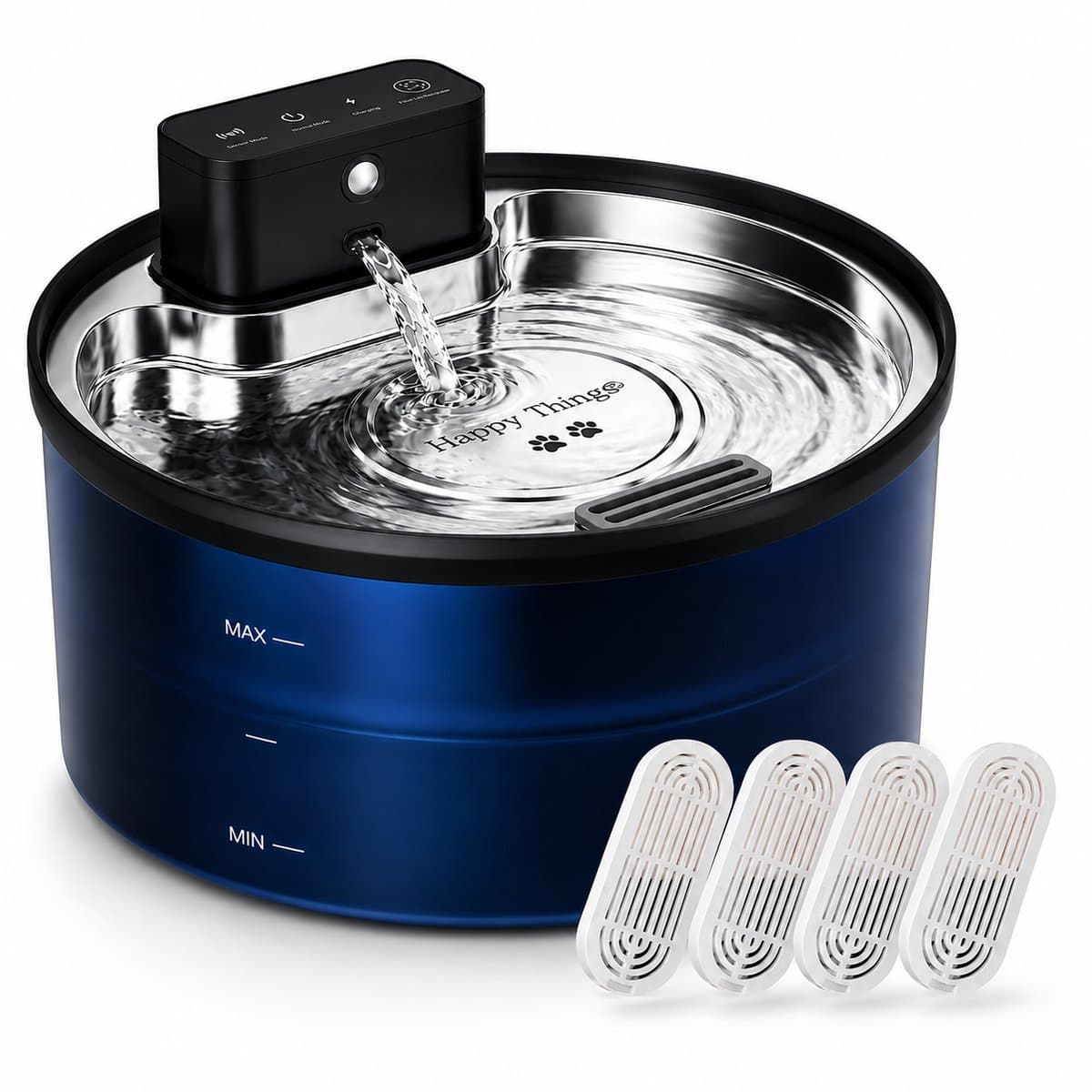 Happy Things® ZR20 Draadloze Drinkfontein met Sensor – 3.2L - RVS – Inclusief 4 Filters – Roestvrijstalen Schotel – Transparant Zwart – Kat & Hond Waterfontein