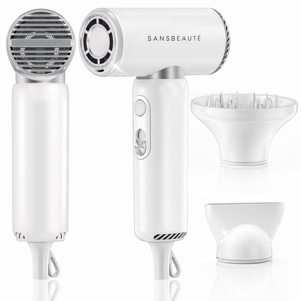 Sansbeauté® Föhn met Diffuser - EssentiaPRO Mini - Reisföhn met Opzetstukken - Reishaardroger - 110.000RPM - Sèche Cheveux - Ionische Haardroger met Borstel - Haarföhn met Defuser - Blow Dryer - Kappersfohn - 1300W - 220-240V