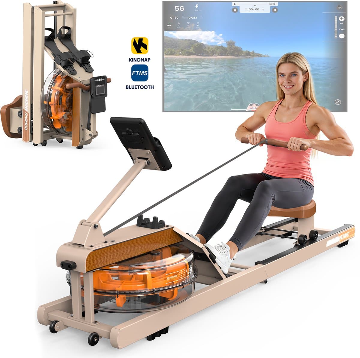 MettleMatic Roeimachine voor Thuis Waterroeitoestel met Bluetooth – 180° Opklapbaar Zonder Water Af te Tappen – 160kg Draagvermogen – 98% Vormontiert