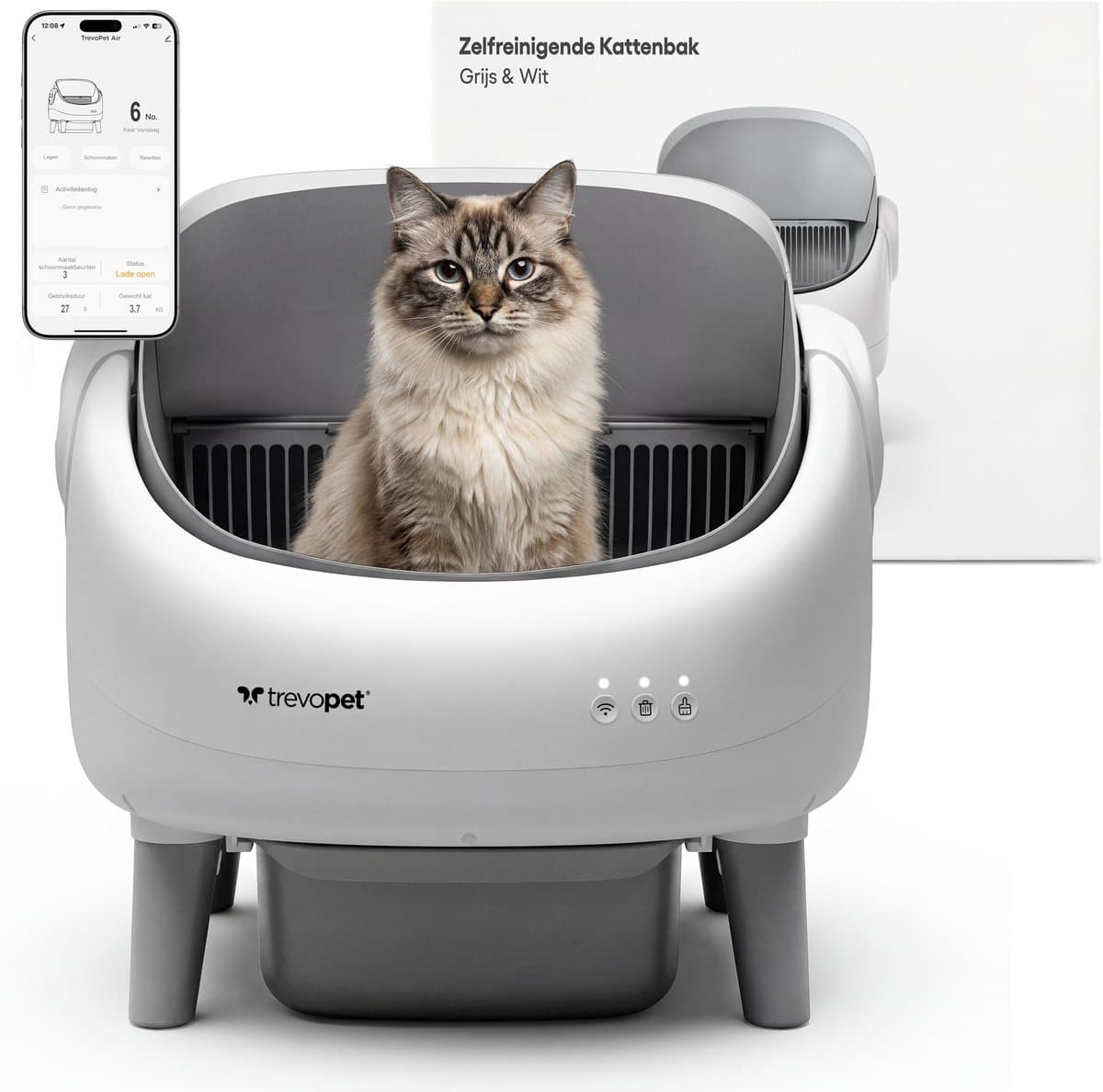 TrevoPet® Air - Automatische Kattenbak met App - Zelfreinigend & Veilig - Voor Katten tot 12KG - Incl. Mat, 60 Afvalzakjes & Accessoires - 10L Afvalbak - Wit & Grijs