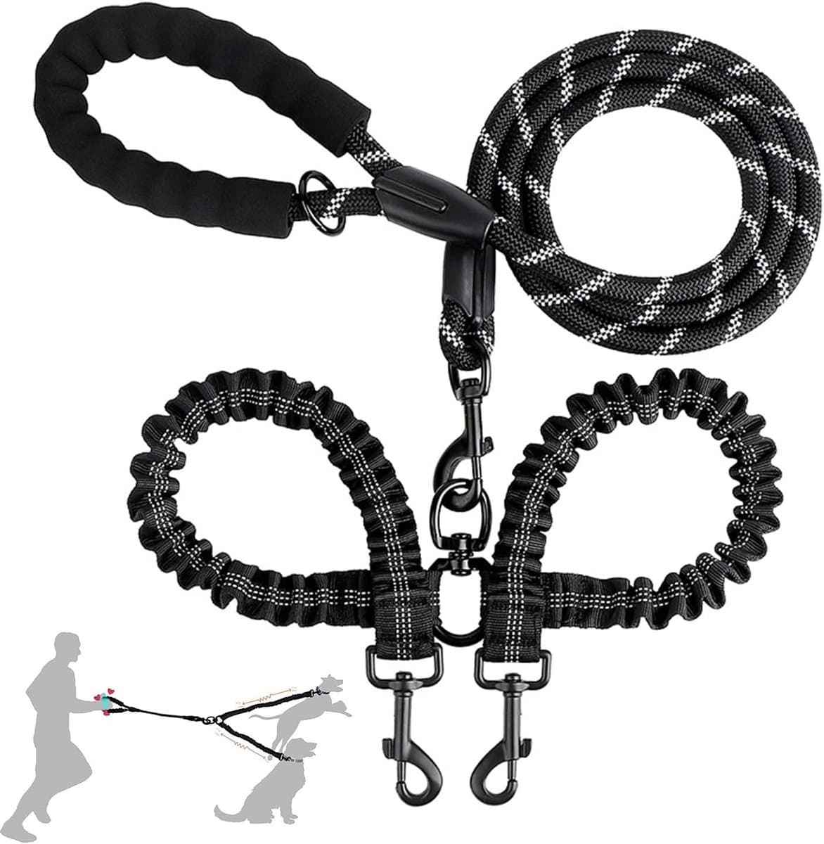 Dubbele hondenriem - Klitvrij - Intrekbare elastische nylon hondenriem - Reflecterende band en gevoerde handgreep - Voor twee honden - Wandelen - Oefening (zwart)
