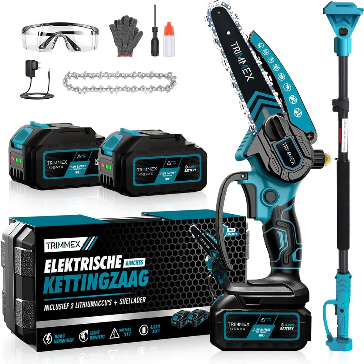 Trimmex® Mini kettingzaag + Telescopische steel - Inclusief 2 Led-Accu's - 2X 4000mAh - Elektrisch Handkettingzaag - Snoeizaag - Takkenzaag - Handzaag - Boomzaag - Automatische Kettingsmering - Brushless