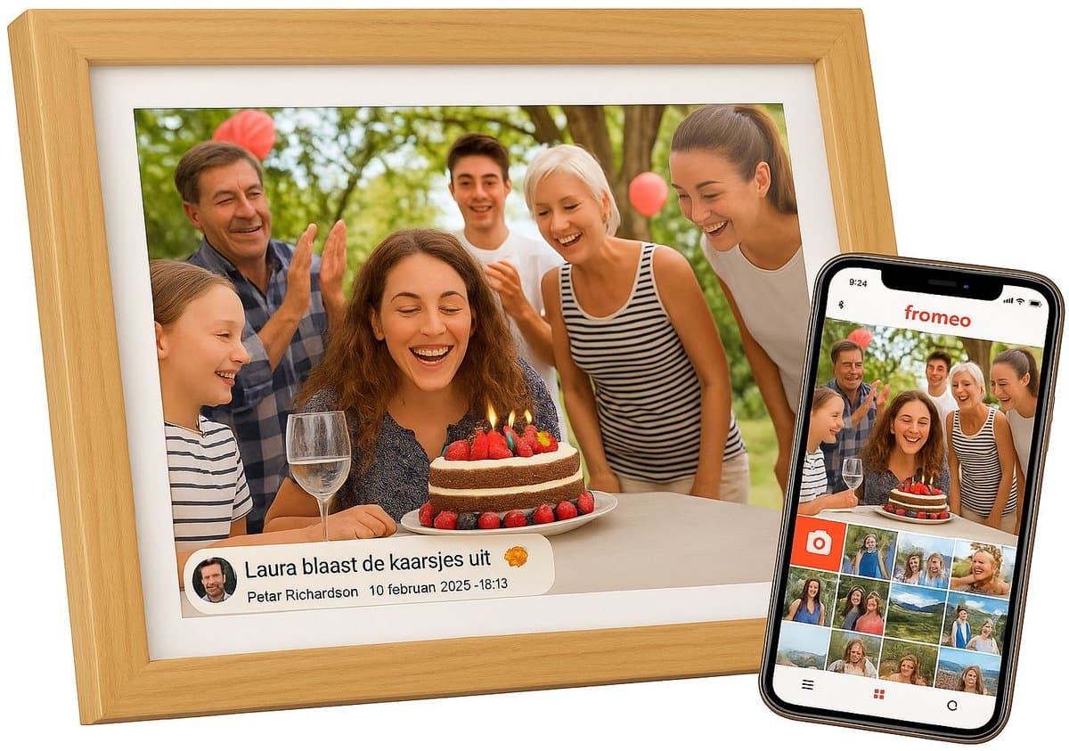 Digitale Fotolijst met Wifi en Frameo App - 10.1 inch - Fotokader - HD + Display - IPS Touchscreen - 16GB - Wooden
