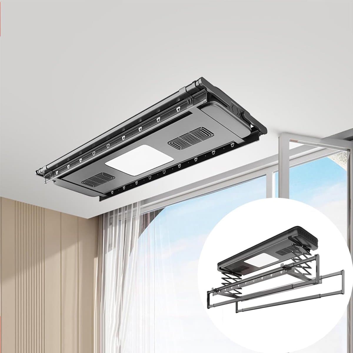 Elektrisch Droogrek - Plafond Droogrek - Ruimtebesparend Wassen - Automatisch Tillen - 119cm Breed - Wit